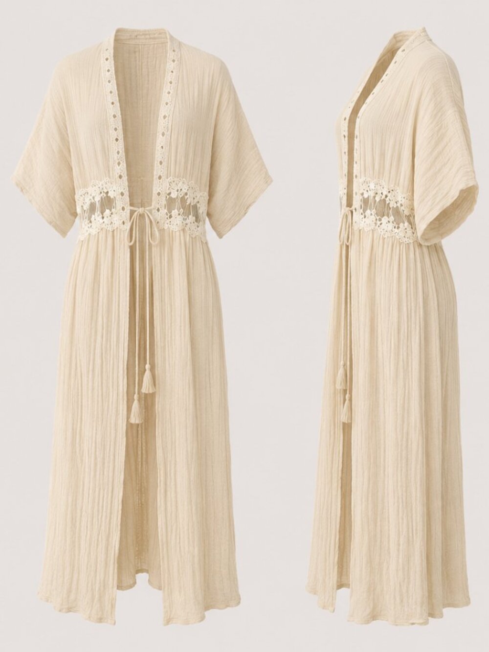 HYFVE Boho Lace Trim Maxi Duster Cardigan Cream Size Small